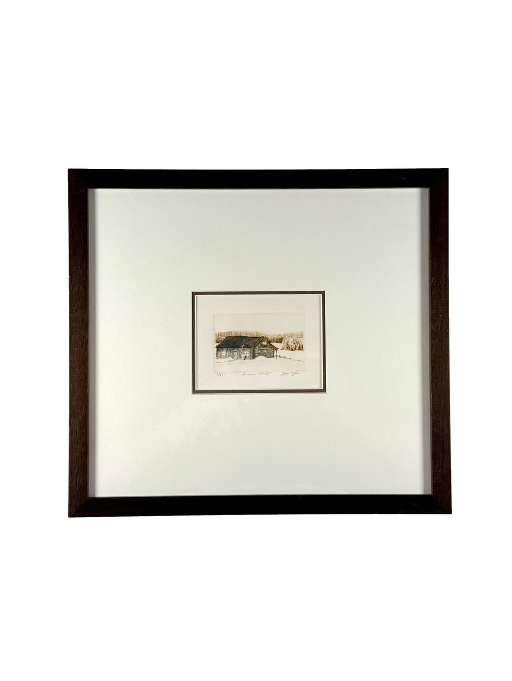 Vintage Limited Edition Original Etching Winter Cabin Framed 12z11 in Rustic Art
